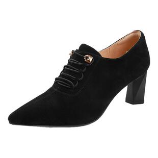 红粉知己2026春季新款真皮女鞋粗跟舒适深口单鞋7CM不累脚妈妈鞋