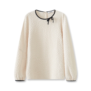 LILY官方冬女装优雅简约立体蝴蝶结撞色边褶皱肌理感雪纺衫女