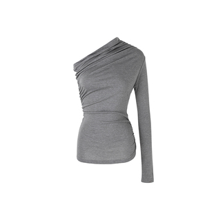 F PROJECT【kria美留子】易梦玲同款莱赛尔不对称褶皱斜肩上衣女