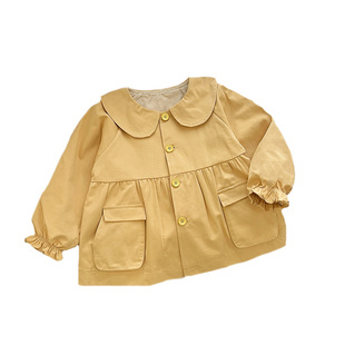 女童春秋新款纯棉外套黄色娃娃领衬衣外套女宝宝新潮洋气百搭外套