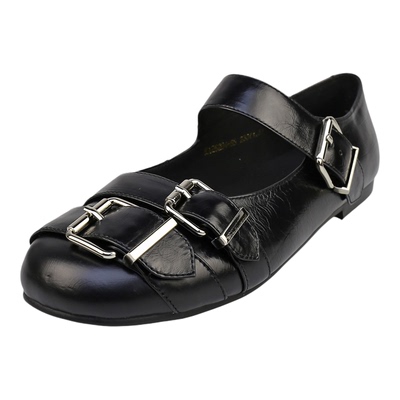 可媚圆头牛油皮一字扣带玛丽珍鞋