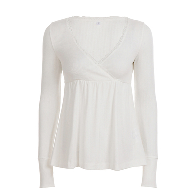 WEEKEEP 古早感纯色V领蕾丝拼接长袖T恤少女风高腰A摆宽松上衣