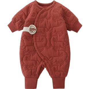 马宝宝婴儿衣服衣服秋冬加厚保暖夹棉连体衣红色新年服新生儿棉服