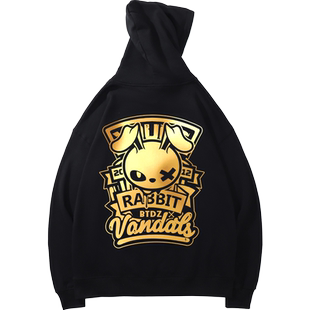 国潮嘻哈连帽卫衣男女款兔子烫金oversize春秋加绒宽松hiphop外套