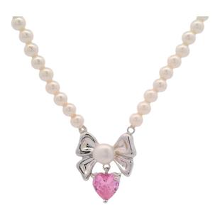 旭平浪漫之名甜美蝴蝶结爱心项链女小众轻奢时尚气质仿珍珠GDW