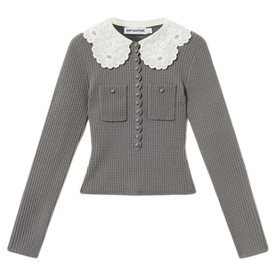 self-portrait 2026早春新款灰混色可拆卸蕾丝领针织打底毛衫上衣