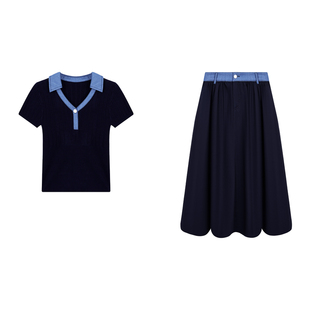 乔拉【蓝屿青澜】牛仔拼接撞色套装女夏季冰丝凉感修身显瘦一整套