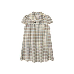 【苹果奶青】Uena绿色格纹泡泡半袖娃娃翻领宽松连衣裙附打底裤女