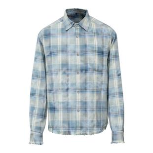 VLABMADE 渲染蓝白色格纹水洗做旧破坏流苏翻领长袖衬衫Clean fit