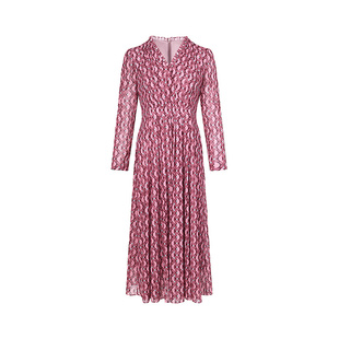 黛玛诗气质优雅印花A字裙2026春季新款V领长款网纱连衣裙女长袖