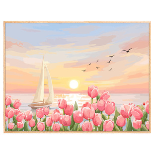 治愈系郁金香数字油画diy填色小众日出花卉手工绘画涂色减压装饰
