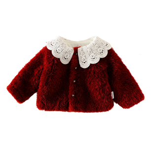 女童冬季外套2025新款洋气冬装加绒女宝红色周岁礼服毛毛衣拜年服