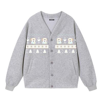 i.tGROUNDZERO2025秋款V领灰色情侣款小狗开衫卡通个性卫衣上衣