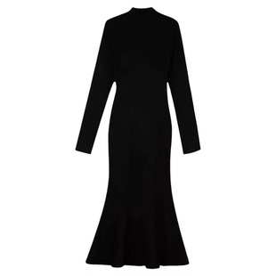 步步生莲鱼尾连衣裙女黑色紧身针织长袖长款裙子秋冬季加厚小个子