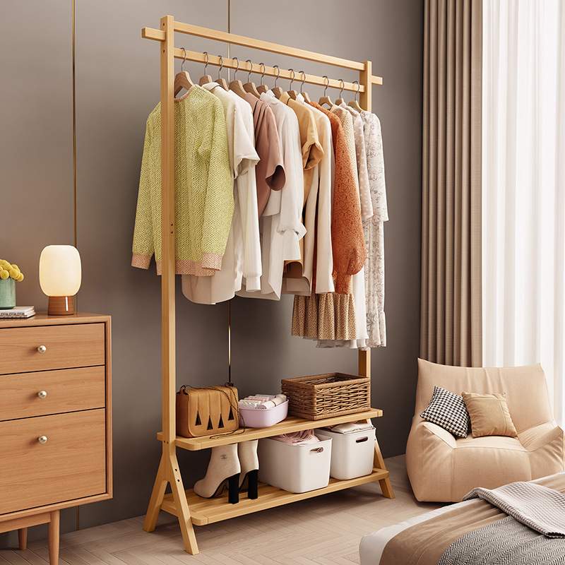 衣帽架卧室挂衣架子落地加粗晾衣杆置物架家用实木简易奢立式轻