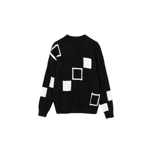 佧茜文简约宽松针织上衣2024冬季新款圆领黑白格子嵌花撞色毛衣女