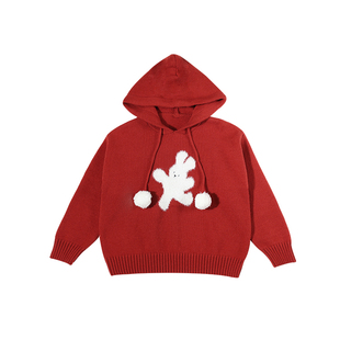 赫米童装2025秋冬季新款儿童兔子提花毛球连帽毛衣女童针织衫外套