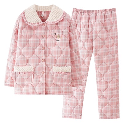 浪莎冬季睡衣女纯棉夹棉厚款套装