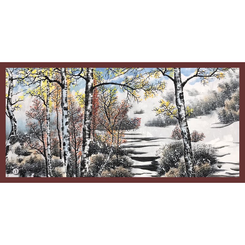 手工绘制风景画木本画框森林现代艺术画装饰画四尺山水白桦林雪景