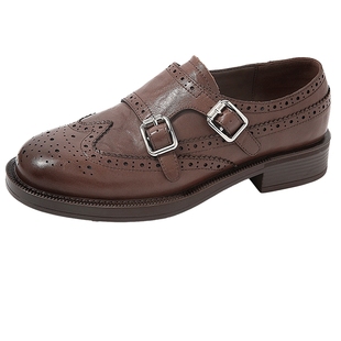 汤汤同款康莉真皮小皮鞋女秋季新款复古雕花布洛克鞋英伦乐福鞋