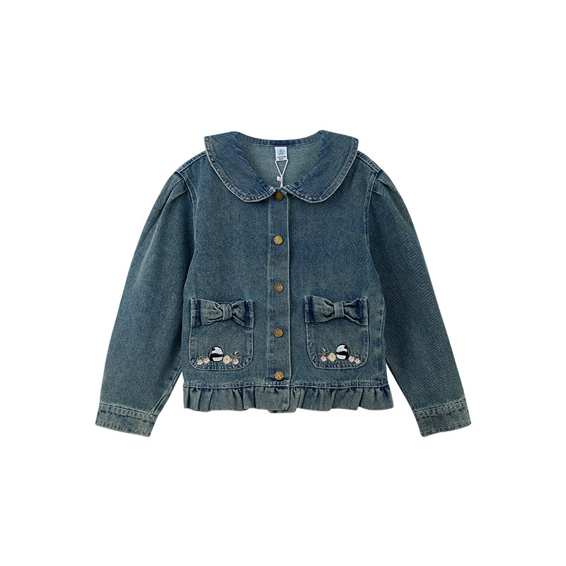 厵yuan童装女童春秋牛仔外套2026年新款春款国风绣花小童翻领上衣
