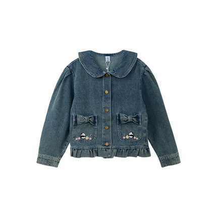 厵yuan童装女童春秋牛仔外套2026年新款春款国风绣花小童翻领上衣