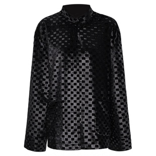 APOZi collection/镜水浮金/复古黑灰棋盘格衬衫外套宽松长袖衬衣