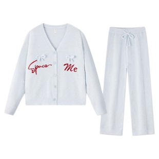 BE半边绒睡衣女冬季长袖蝴蝶结秋冬加绒加厚女士珊瑚绒冬天家居服