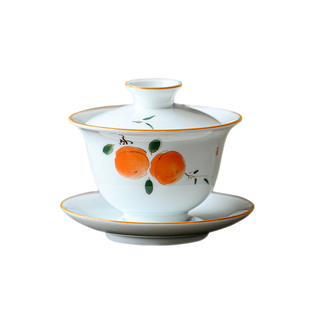 复古手绘柿子三才盖碗德化陶瓷功夫茶具套装女士迷你茶杯茶碗