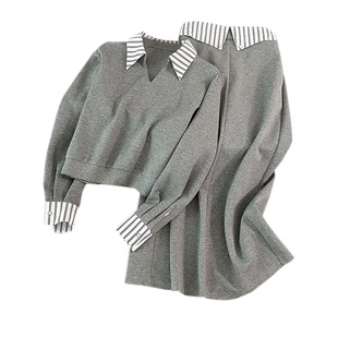 设计感休闲套装裙女春秋季韩式慵懒chic套装假两件半身裙两件套裙