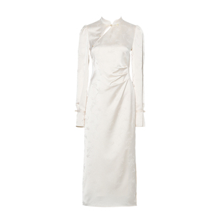 DPLAY秋季新中式立领收腰缎面白色连衣裙改良国风旗袍长裙女