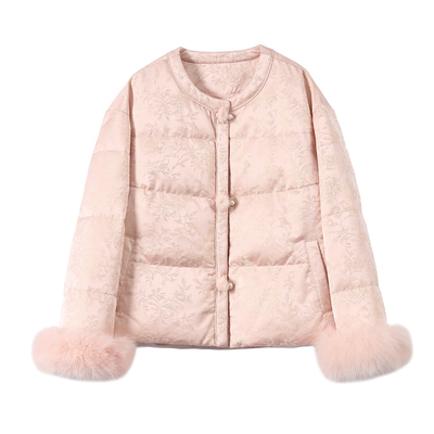 淘么淘 奢线篙端国潮！亮丝提花新中式袖口拼狐狸毛羽绒服外套女