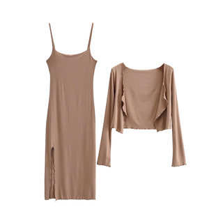 YoungGirlDay纯欲性感开叉包臀吊带连衣裙修身短款长袖开衫两件套