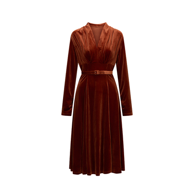 Chings复古v领褶皱丝绒连衣裙