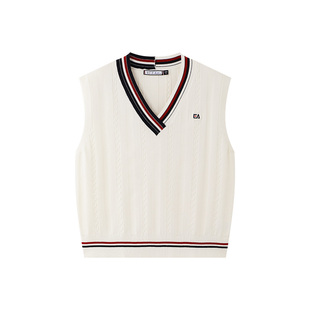 ELLE Active高智老钱风V领针织背心白色毛织马甲无袖叠穿坎肩时尚