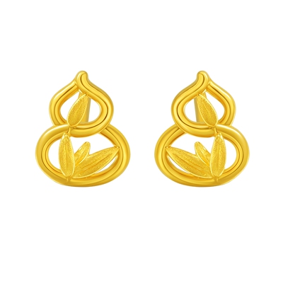 老庙黄金足金999竹叶葫芦耳钉5G工艺福禄双全节节高富贵