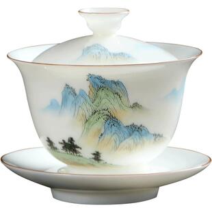 妙莲天香大师手绘羊脂玉瓷三才盖碗单个高档陶瓷茶具功夫茶泡茶碗