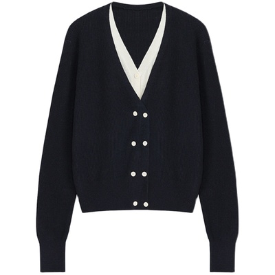 UNSPOKEN假两件V领撞色针织衫女