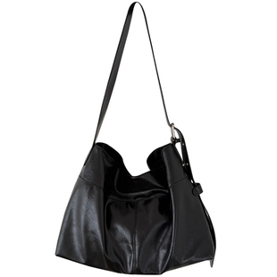 韩国小众软皮宽肩带单肩包女休闲慵懒风大容量黑色通勤斜挎托特包