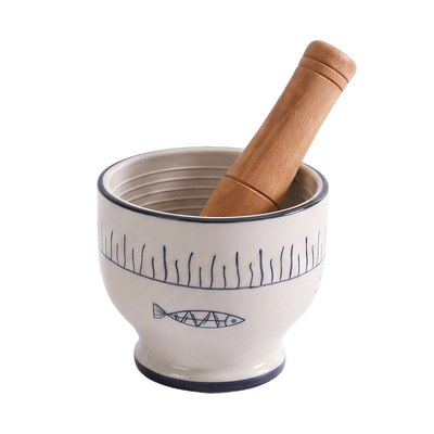 舍里釉下彩辅食研磨石臼捣蒜器