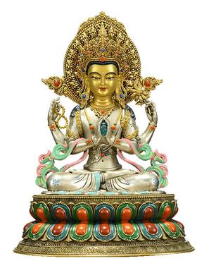 藏式7寸彩绘四臂观音雕像铜摆件