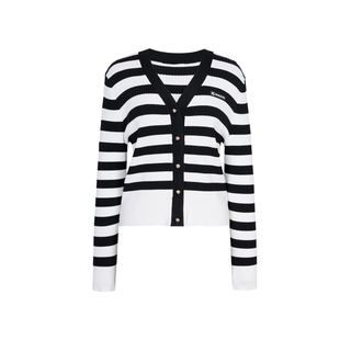 XG/雪歌XK111599B899黑白条纹V领长袖针织衫直筒休闲开衫外套女装