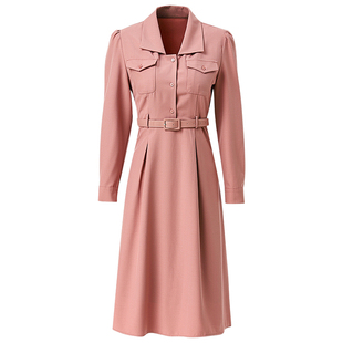 海青蓝通勤干练时尚衬衫裙子女2024秋季翻领长袖收腰显瘦连衣裙