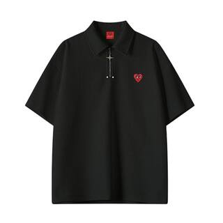 查尔斯桃心美式半开拉链短袖POLO衫男少年感翻领夏季新款潮牌上衣