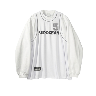 Aurocean 假两件球衣T恤 复古运动做旧宽松大版白色长袖t