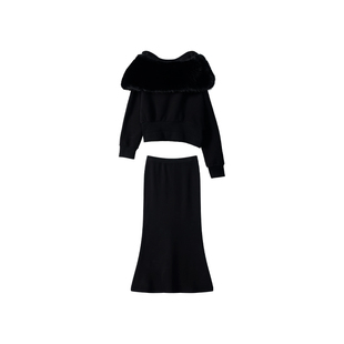 FYFTHX 新年氛围感一字肩毛领上衣鱼尾半身裙加绒保暖针织套装女