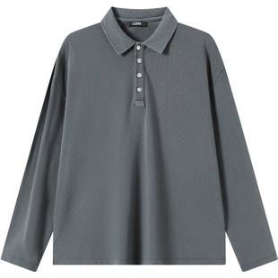 LEZORA美式复古vintage工装落色 成衣染色珠地棉透气长袖polo衫男