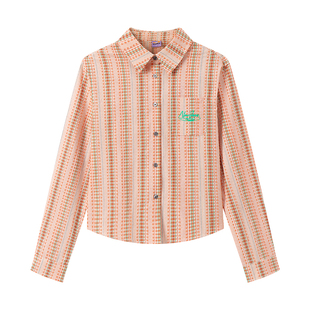 江南先生NewJNXS纯棉短款立体绣花短款格子长袖衬衫女秋修身上衣