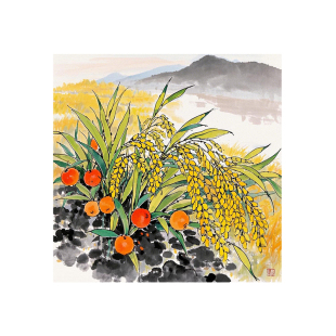 五谷丰登入户玄关新中式客厅装饰画餐厅走廊方形挂画饭厅背景壁画