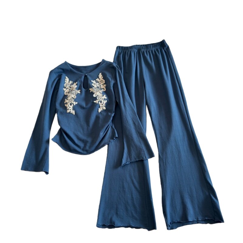 新中式睡衣女纯棉春秋款显瘦喇叭睡衣/家居服套装